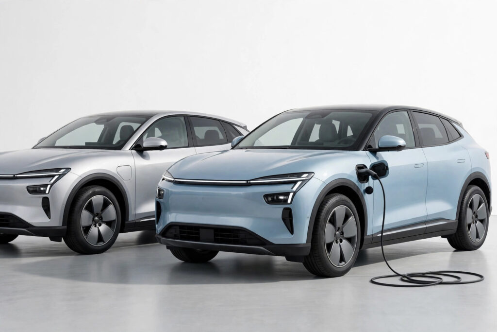 Illustration of two modern electric SUVs parked side by side