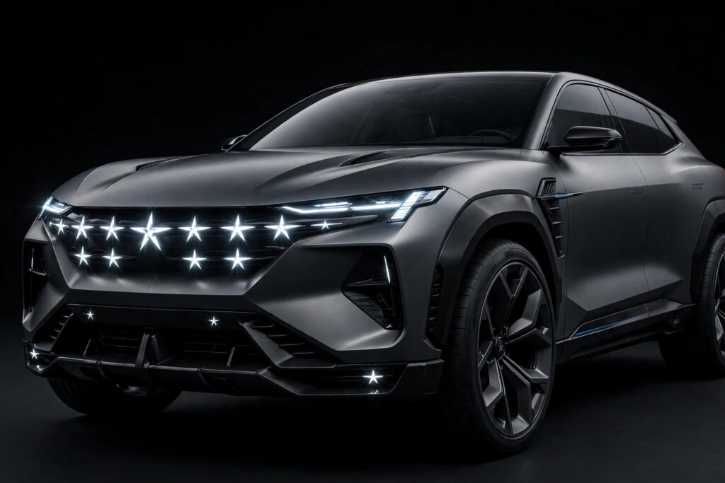 Mercedes-AMG GT SUV concept art showing the electric performance SUV's illuminated grille and muscular stance