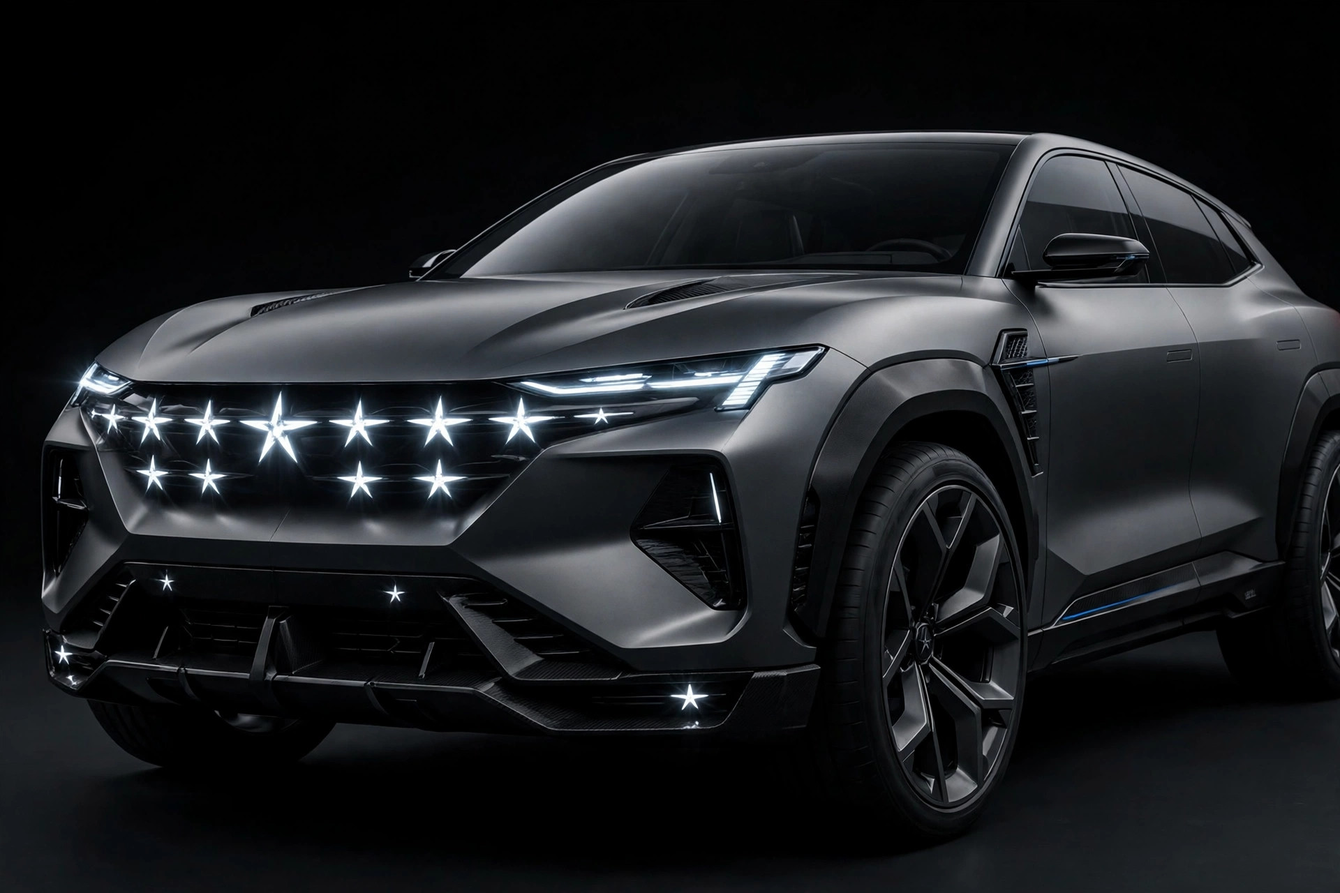Mercedes-AMG GT SUV concept art showing the electric performance SUV's illuminated grille and muscular stance