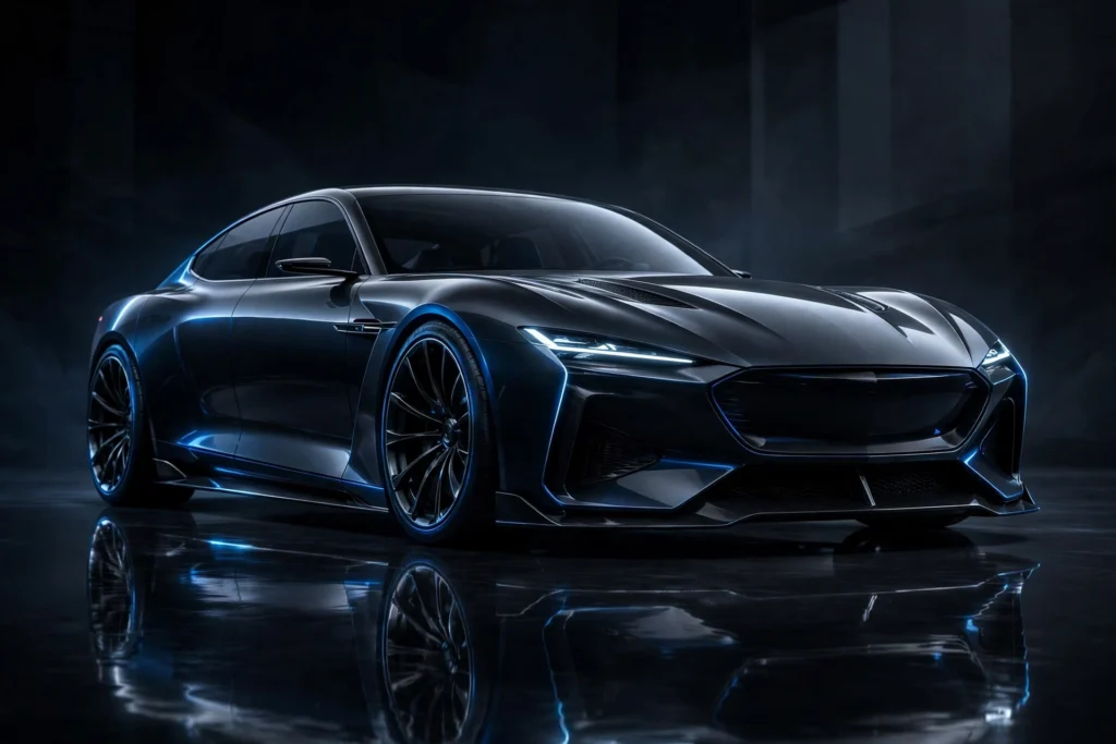 Sleek powerful sports sedan in a dark studio with blue accent lighting