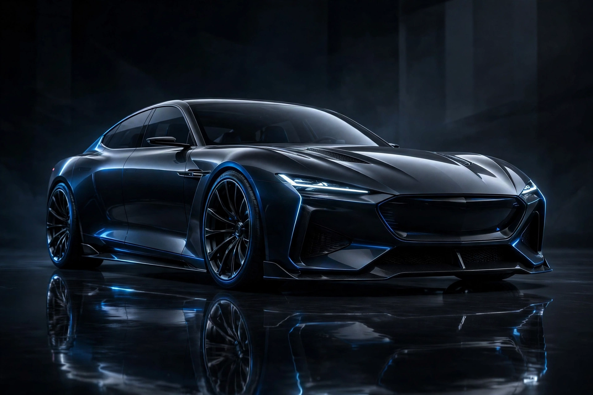 Sleek powerful sports sedan in a dark studio with blue accent lighting