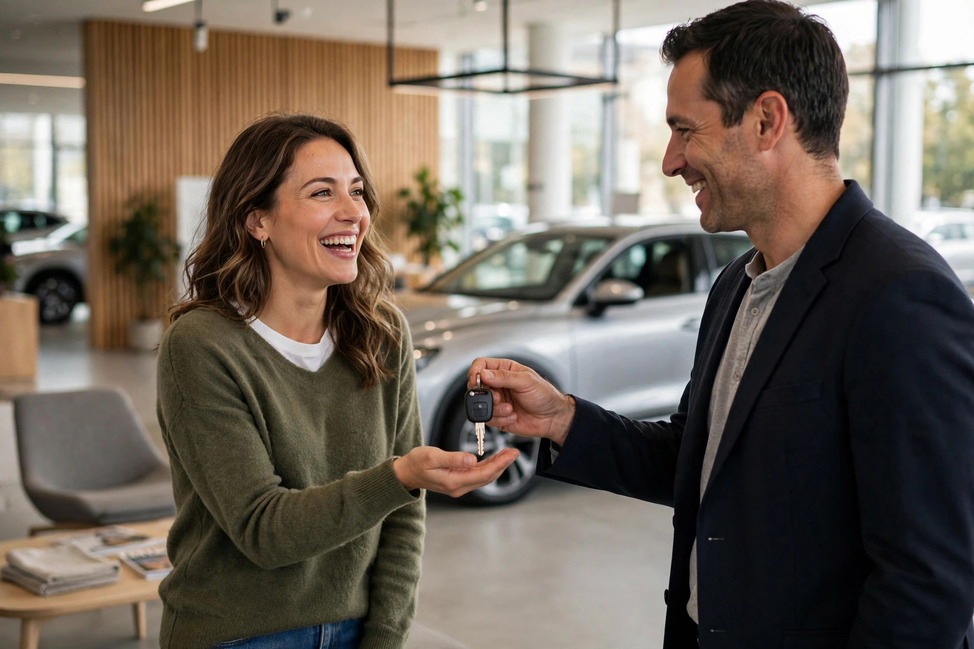 Happy car buyer receiving car keys at a dealership showroom, illustrating this car buying guide