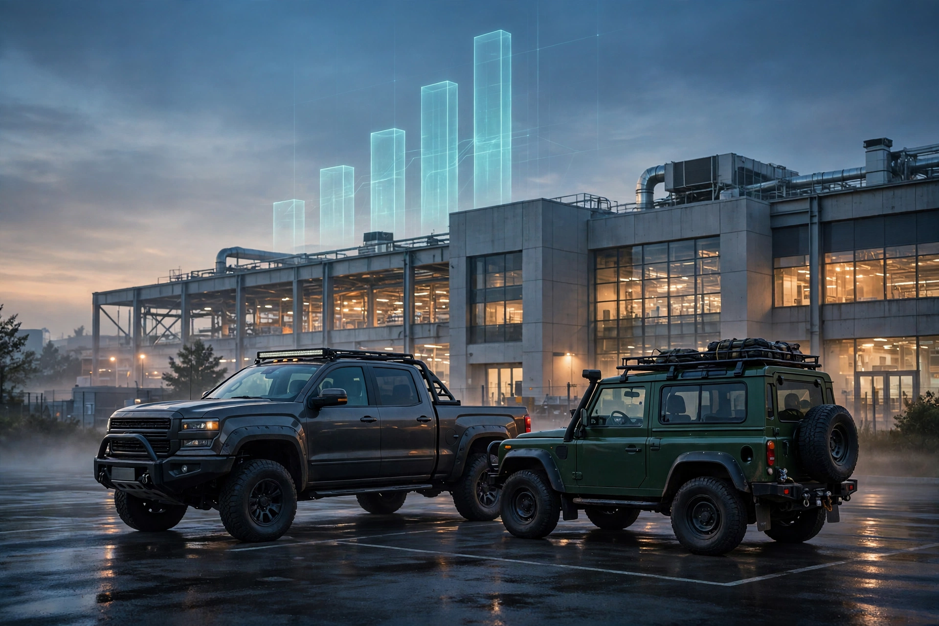 Original AI concept art of a rugged pickup truck and an off-road SUV in front of a modern car factory at dawn with a glowing rising bar-chart hologram