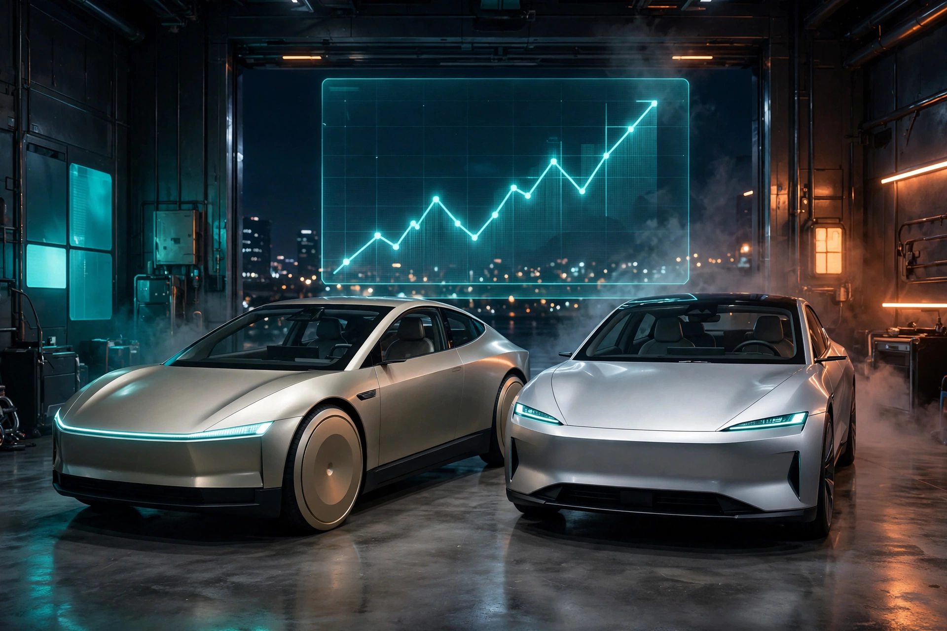 Concept art of a futuristic driverless Cybercab taxi beside a sleek electric sedan in a glowing nighttime garage with a rising stock chart hologram