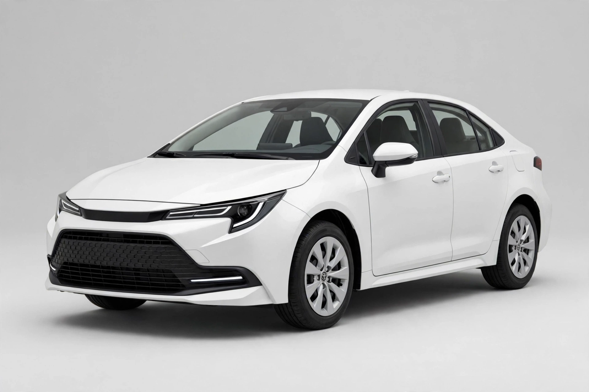 White Toyota Corolla compact sedan in a studio, front three-quarter view