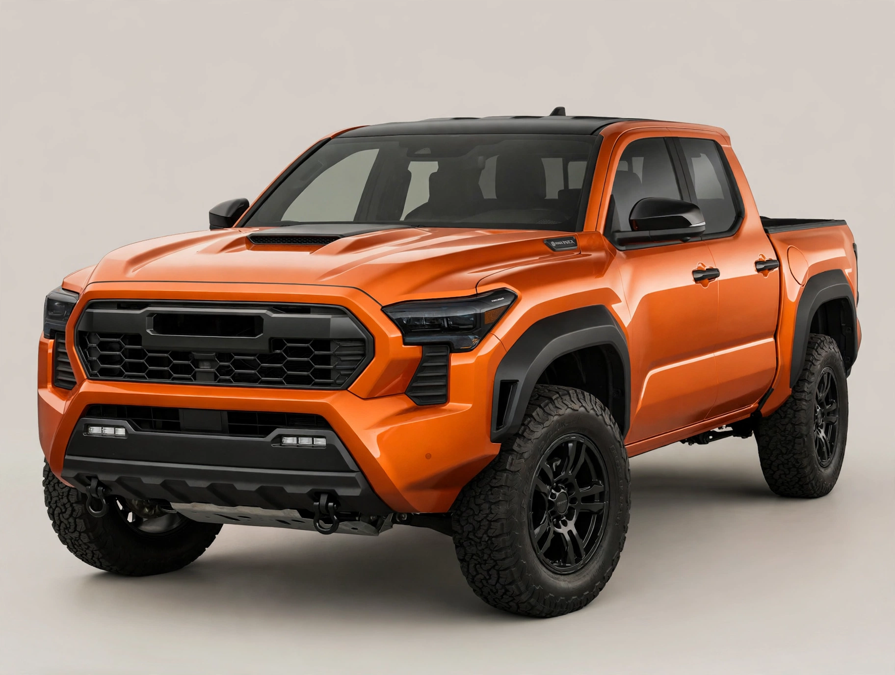 Orange Toyota Tacoma midsize pickup truck in a studio, front three-quarter view